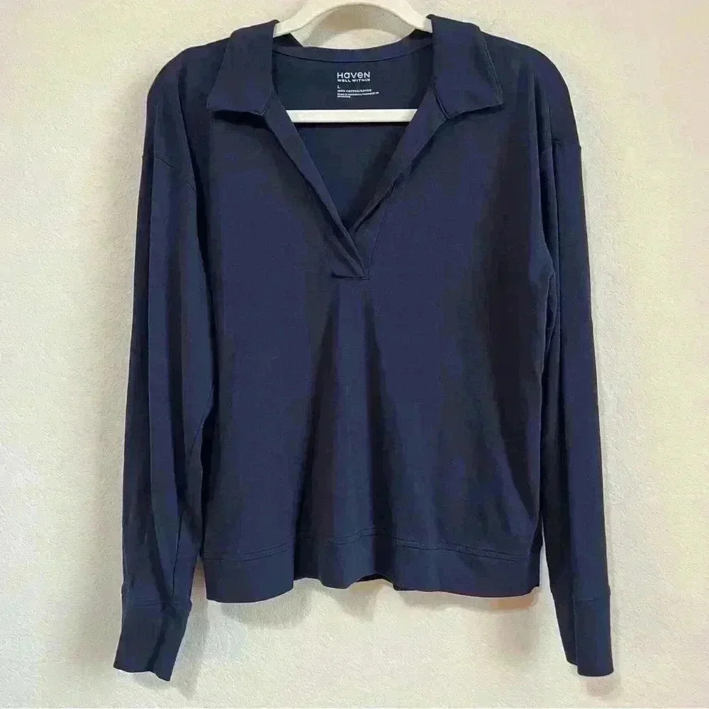 Haven Well Within Navy Long Sleeve Pullover Cotton Women's Sweater‎ Top Size L